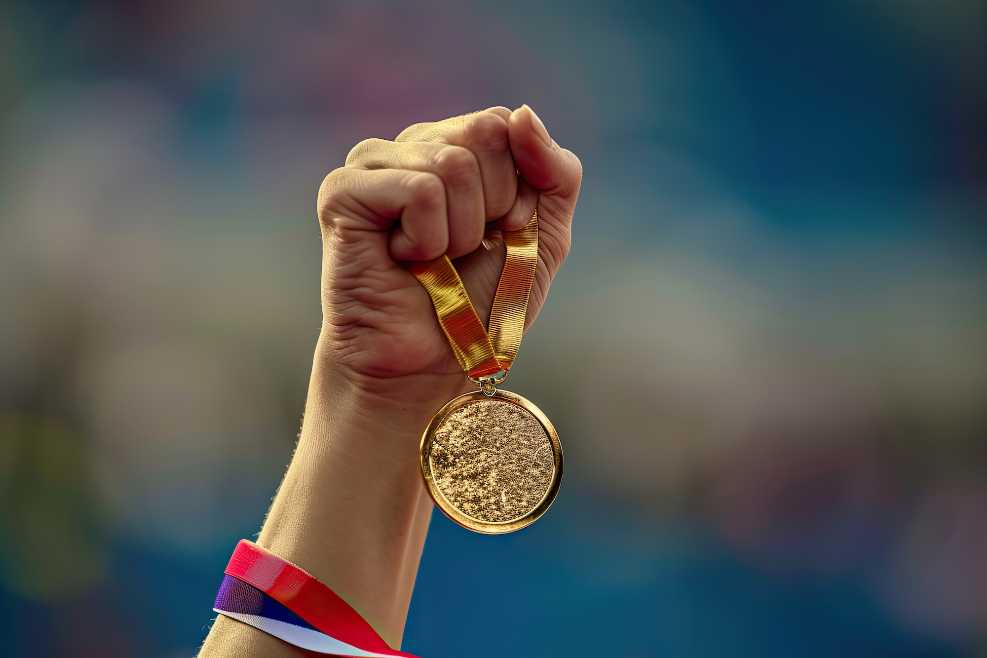 hand woman raising olympic gold medal victory